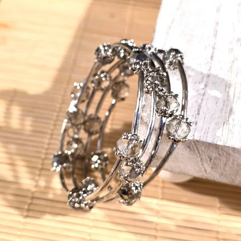 Silver Tone Crystal Wrap Bracelet With Gray Smoke Faceted Beads Filigree Details